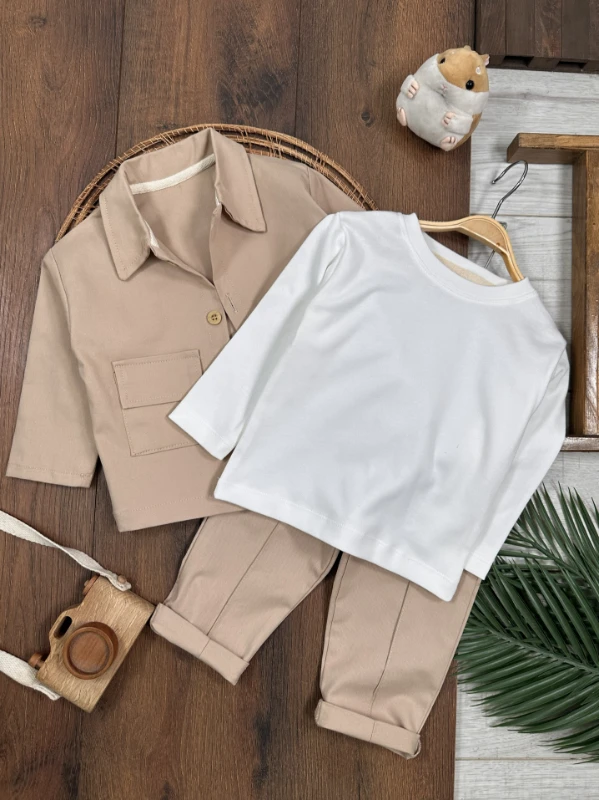 Gabardin Safari Ceket Badili Likralı Mevsimlik 3lü Erkek Bebek ve Çocuk Takım  - BEJ