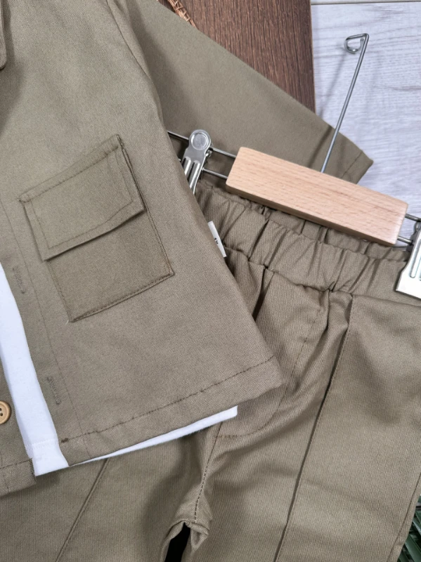 Gabardin Safari Ceket Badili Likralı Mevsimlik 3lü Erkek Bebek ve Çocuk Takım  - BEJ