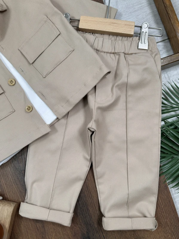 Gabardin Safari Ceket Badili Likralı Mevsimlik 3lü Erkek Bebek ve Çocuk Takım  - BEJ