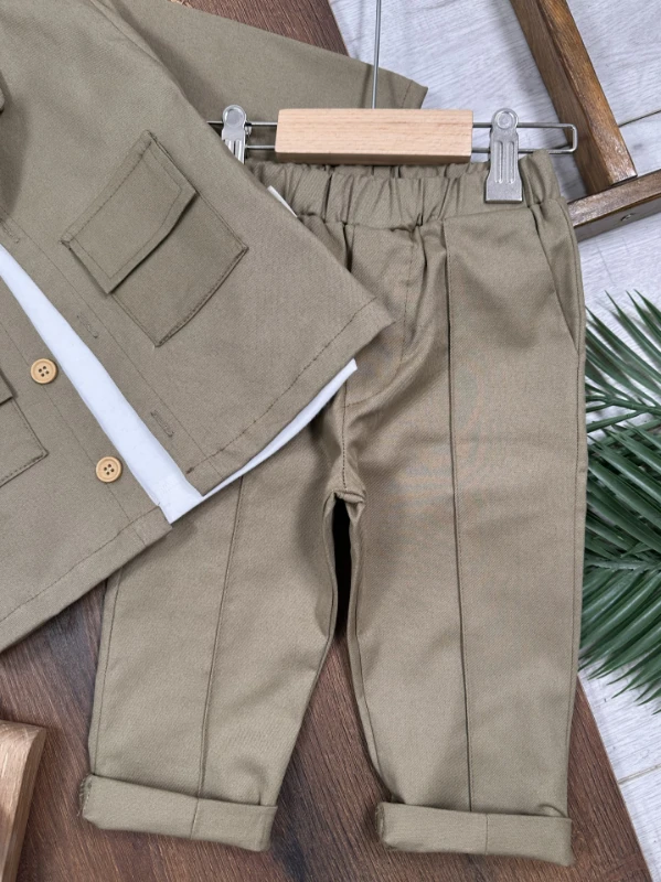 Gabardin Safari Ceket Badili Likralı Mevsimlik 3lü Erkek Bebek ve Çocuk Takım  - BEJ