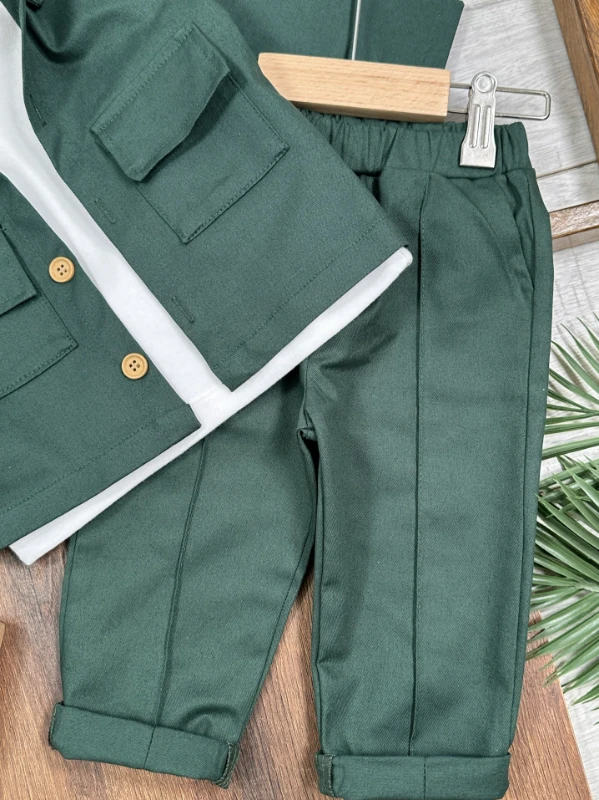 Gabardin Safari Ceket Badili Likralı Mevsimlik 3lü Erkek Bebek ve Çocuk Takım  - BEJ