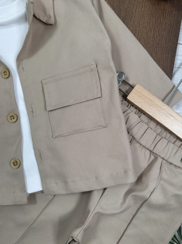 Gabardin Safari Ceket Badili Likralı Mevsimlik 3lü Erkek Bebek ve Çocuk Takım  - BEJ