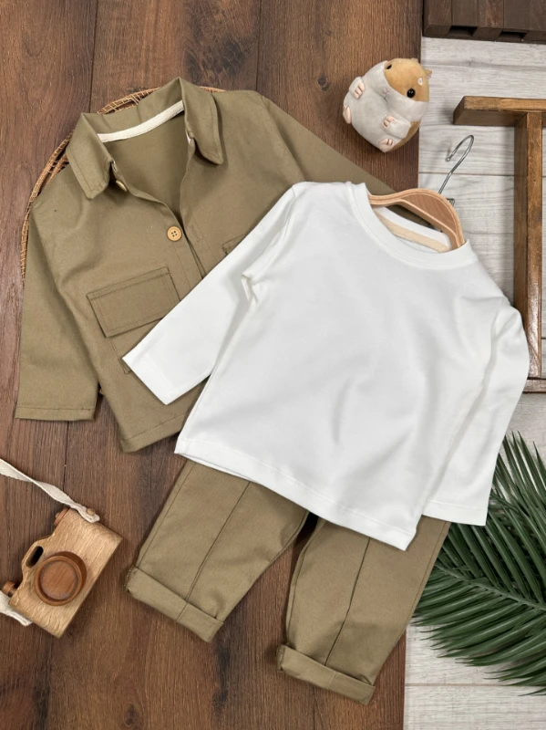 Gabardin Safari Ceket Badili Likralı Mevsimlik 3lü Erkek Bebek ve Çocuk Takım  - BEJ