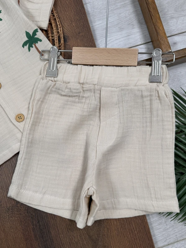 Müslin Palmiye Baskılı Safari Şapkalı Düğmeli Şortlu Yazlık Erkek Bebek/Çocuk Takım - YEŞİL