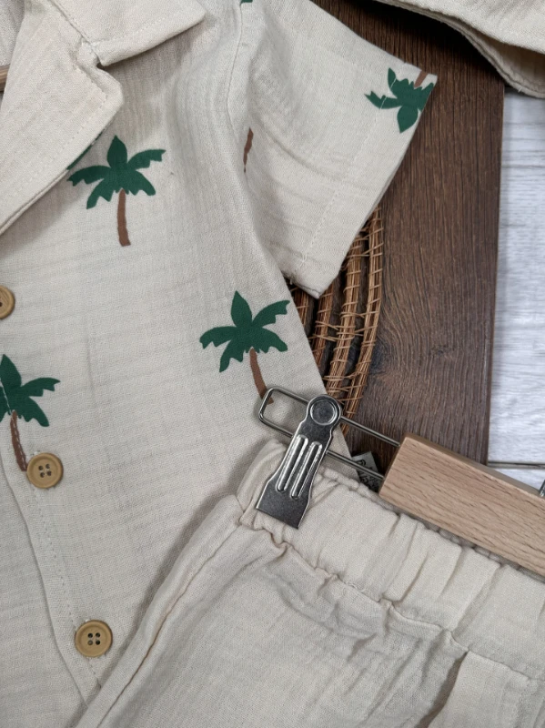 Müslin Palmiye Baskılı Safari Şapkalı Düğmeli Şortlu Yazlık Erkek Bebek/Çocuk Takım - YEŞİL