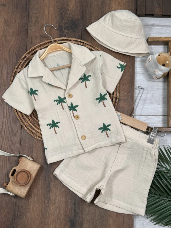 Müslin Palmiye Baskılı Safari Şapkalı Düğmeli Şortlu Yazlık Erkek Bebek/Çocuk Takım - KREM