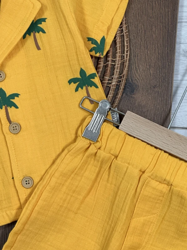 Müslin Palmiye Baskılı Safari Şapkalı Düğmeli Şortlu Yazlık Erkek Bebek/Çocuk Takım - YEŞİL