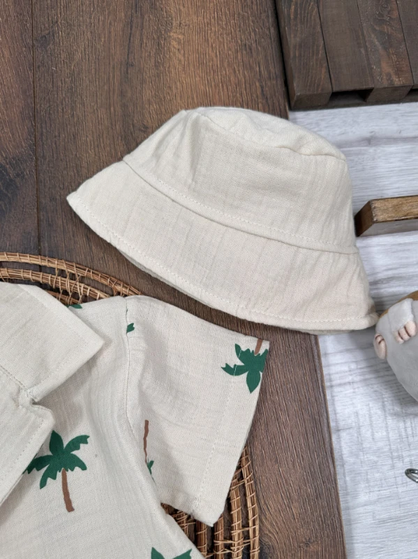 Müslin Palmiye Baskılı Safari Şapkalı Düğmeli Şortlu Yazlık Erkek Bebek/Çocuk Takım - YEŞİL