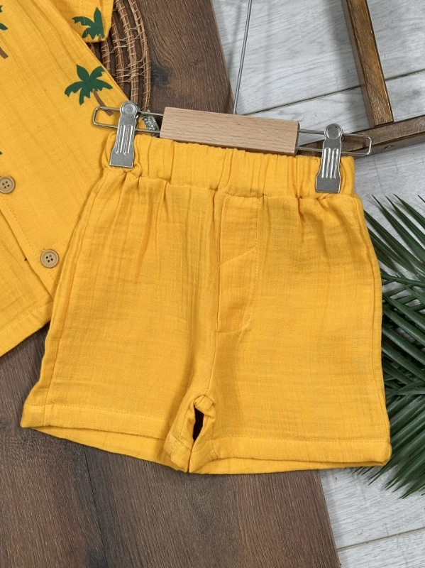 Müslin Palmiye Baskılı Safari Şapkalı Düğmeli Şortlu Yazlık Erkek Bebek/Çocuk Takım - YEŞİL