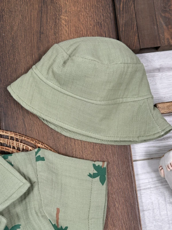 Müslin Palmiye Baskılı Safari Şapkalı Düğmeli Şortlu Yazlık Erkek Bebek/Çocuk Takım - YEŞİL