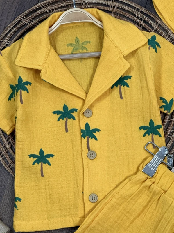 Müslin Palmiye Baskılı Safari Şapkalı Düğmeli Şortlu Yazlık Erkek Bebek/Çocuk Takım - YEŞİL