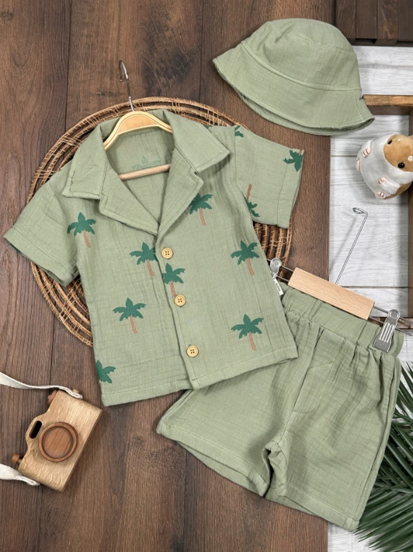 Müslin Palmiye Baskılı Safari Şapkalı Düğmeli Şortlu Yazlık Erkek Bebek/Çocuk Takım - YEŞİL