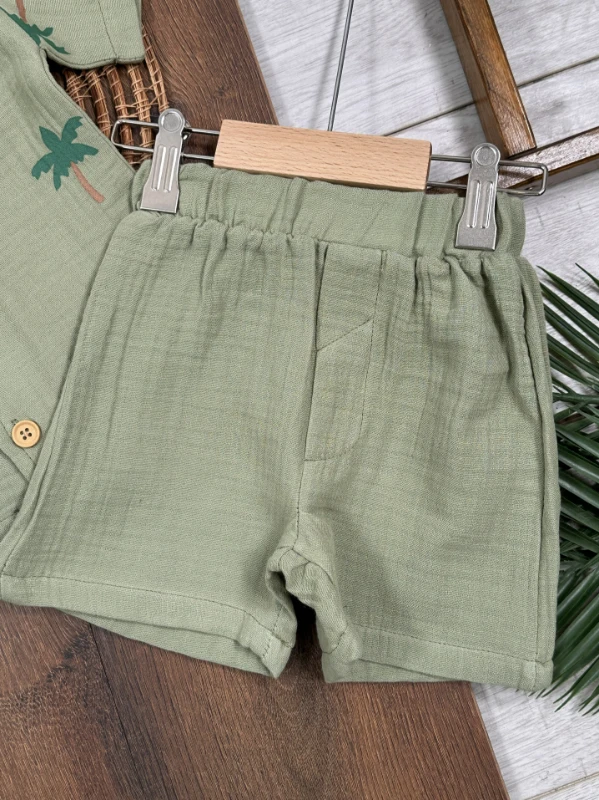 Müslin Palmiye Baskılı Safari Şapkalı Düğmeli Şortlu Yazlık Erkek Bebek/Çocuk Takım - YEŞİL