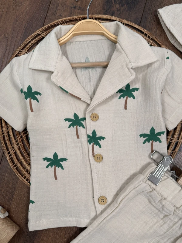 Müslin Palmiye Baskılı Safari Şapkalı Düğmeli Şortlu Yazlık Erkek Bebek/Çocuk Takım - YEŞİL