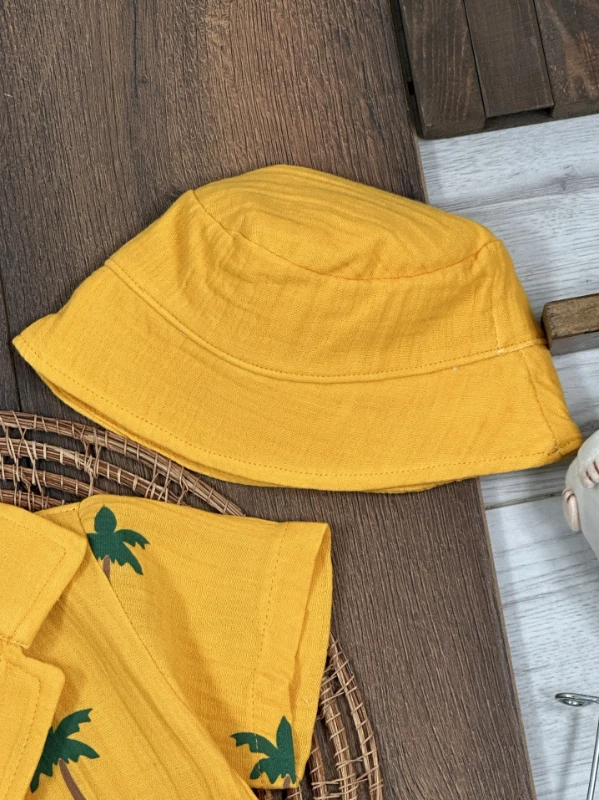 Müslin Palmiye Baskılı Safari Şapkalı Düğmeli Şortlu Yazlık Erkek Bebek/Çocuk Takım - YEŞİL