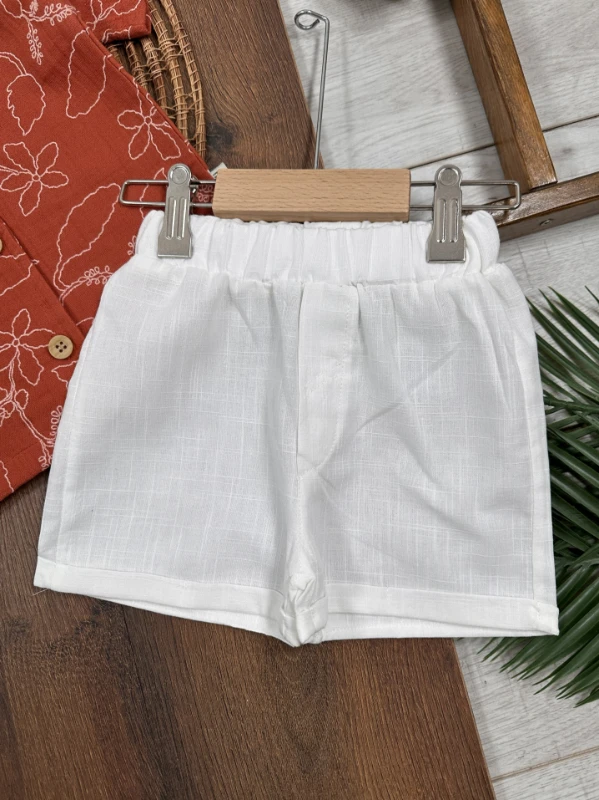 Müslin Hawaii Çiçek Baskılı Safari Şapkalı Düğmeli Şortlu Yazlık Erkek Bebek/Çocuk Takım - LACİVERT