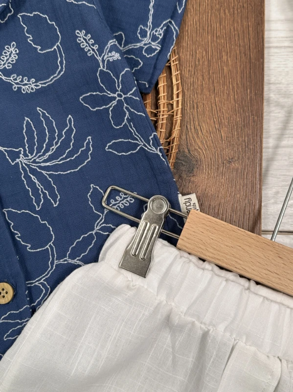 Müslin Hawaii Çiçek Baskılı Safari Şapkalı Düğmeli Şortlu Yazlık Erkek Bebek/Çocuk Takım - LACİVERT