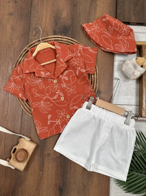 Müslin Hawaii Çiçek Baskılı Safari Şapkalı Düğmeli Şortlu Yazlık Erkek Bebek/Çocuk Takım - KİREMİT