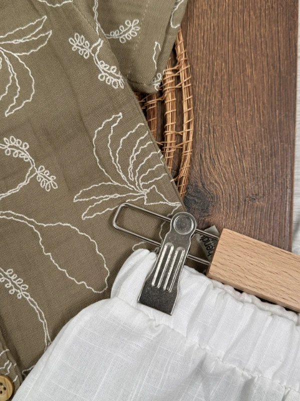 Müslin Hawaii Çiçek Baskılı Safari Şapkalı Düğmeli Şortlu Yazlık Erkek Bebek/Çocuk Takım - LACİVERT