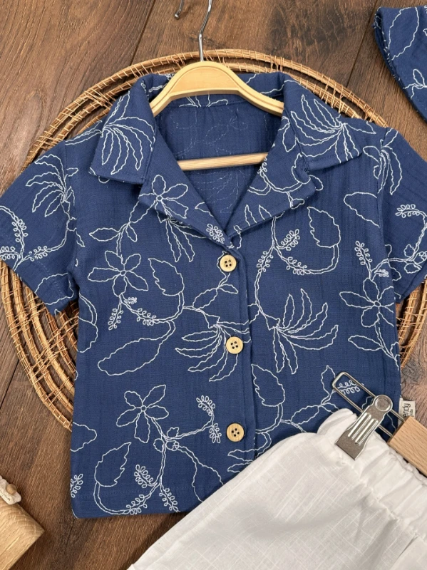 Müslin Hawaii Çiçek Baskılı Safari Şapkalı Düğmeli Şortlu Yazlık Erkek Bebek/Çocuk Takım - LACİVERT