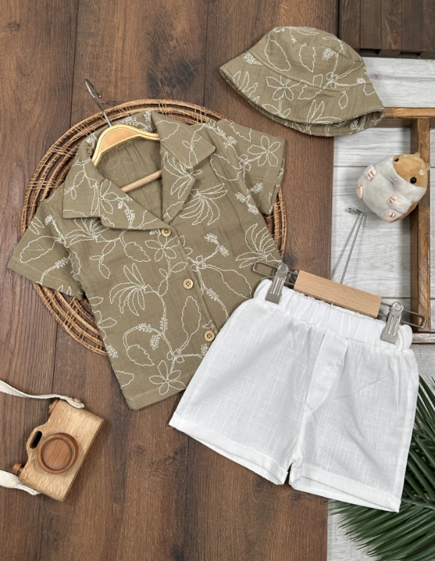Müslin Hawaii Çiçek Baskılı Safari Şapkalı Düğmeli Şortlu Yazlık Erkek Bebek/Çocuk Takım - YEŞİL