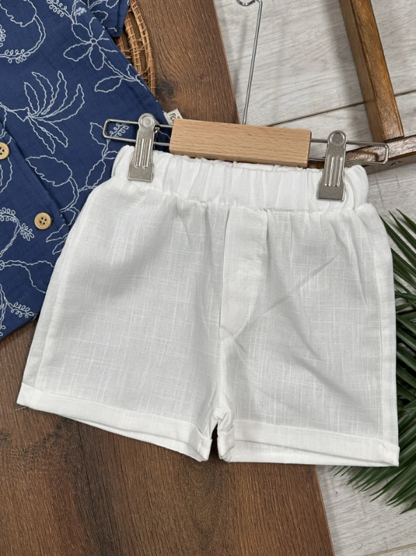 Müslin Hawaii Çiçek Baskılı Safari Şapkalı Düğmeli Şortlu Yazlık Erkek Bebek/Çocuk Takım - LACİVERT