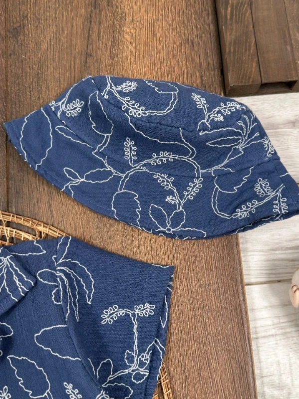 Müslin Hawaii Çiçek Baskılı Safari Şapkalı Düğmeli Şortlu Yazlık Erkek Bebek/Çocuk Takım - LACİVERT
