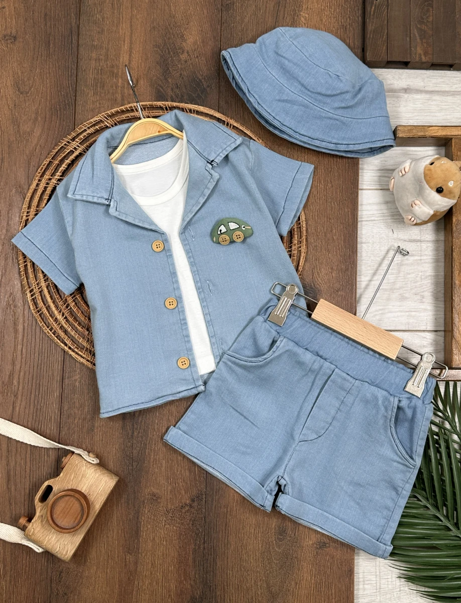 Kot Likralı Şapkalı Araba Oyuncaklı Atlet Badili 4lü Yazlık Erkek Bebek-Çocuk Takım - MAVİ