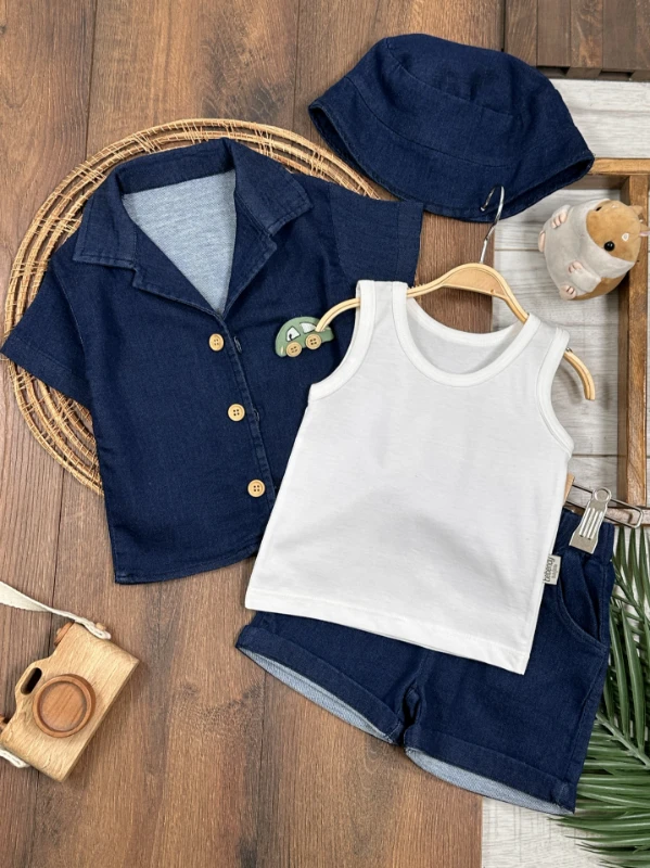 Kot Likralı Şapkalı Araba Oyuncaklı Atlet Badili 4lü Yazlık Erkek Bebek-Çocuk Takım - LACİVERT