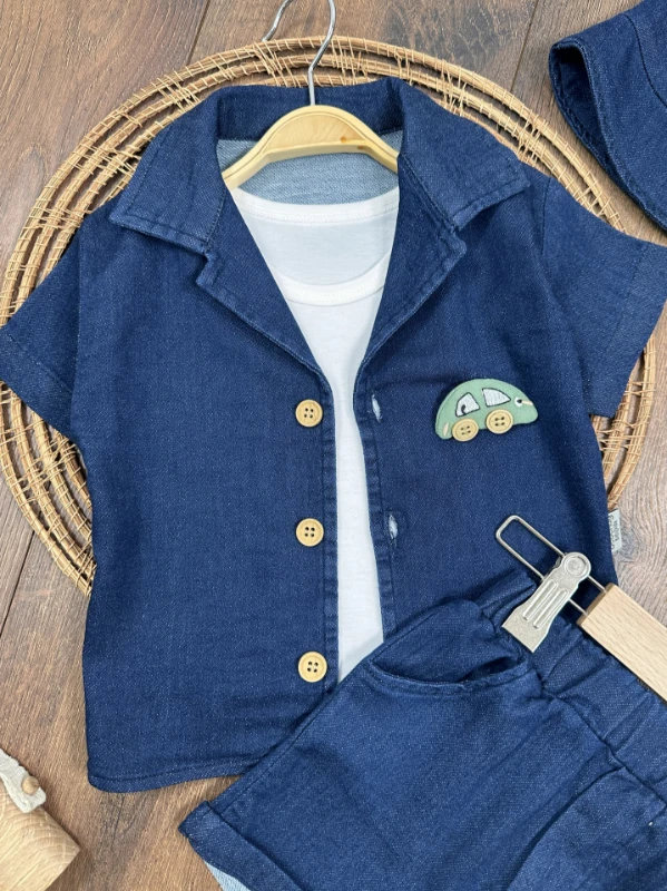 Kot Likralı Şapkalı Araba Oyuncaklı Atlet Badili 4lü Yazlık Erkek Bebek-Çocuk Takım - LACİVERT