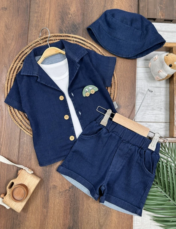 Kot Likralı Şapkalı Araba Oyuncaklı Atlet Badili 4lü Yazlık Erkek Bebek-Çocuk Takım - LACİVERT