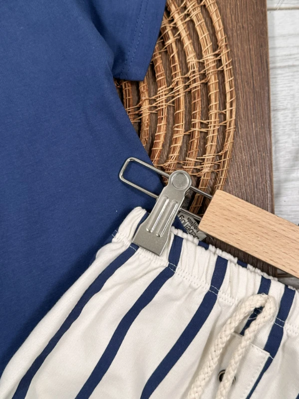 Çizgili Düğme Detaylı Omuzdan Çıtçıtlı Yazlık Erkek Bebek Takım - YEŞİL