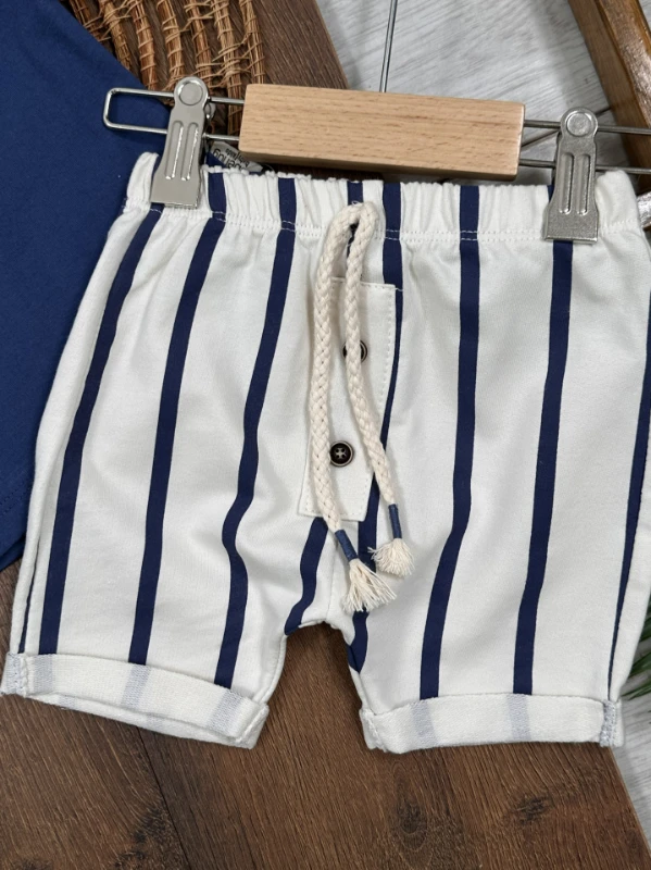 Çizgili Düğme Detaylı Omuzdan Çıtçıtlı Yazlık Erkek Bebek Takım - YEŞİL