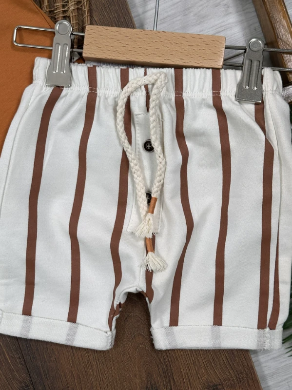 Çizgili Düğme Detaylı Omuzdan Çıtçıtlı Yazlık Erkek Bebek Takım - YEŞİL