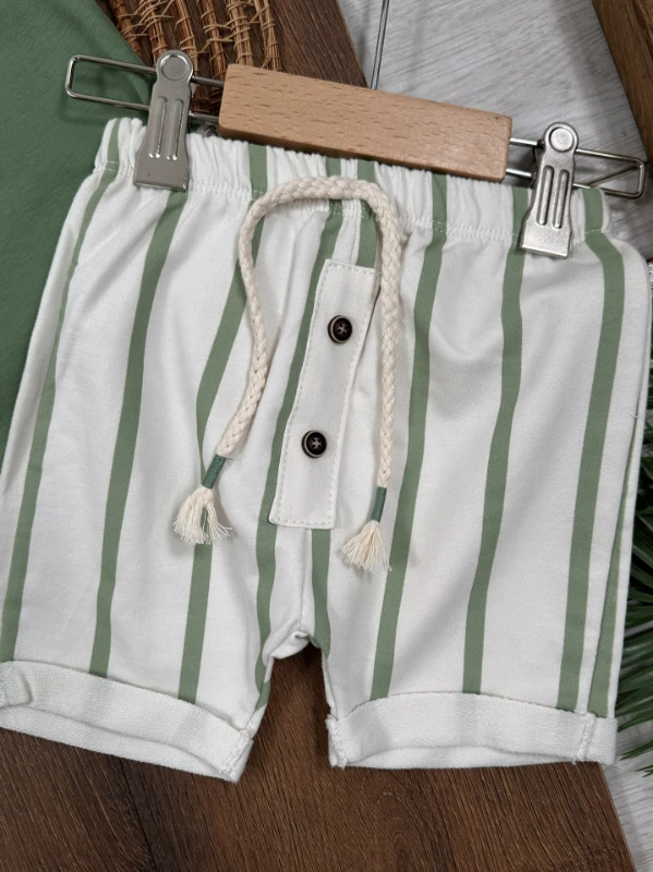 Çizgili Düğme Detaylı Omuzdan Çıtçıtlı Yazlık Erkek Bebek Takım - YEŞİL