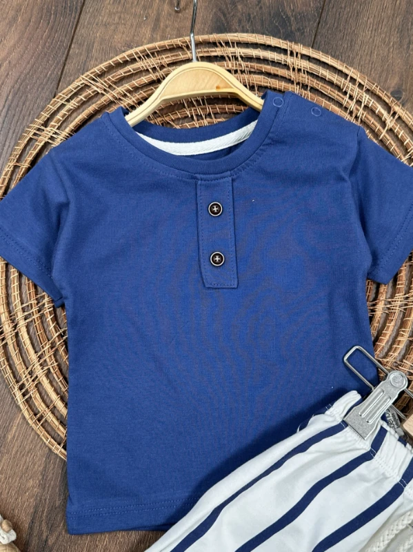 Çizgili Düğme Detaylı Omuzdan Çıtçıtlı Yazlık Erkek Bebek Takım - YEŞİL