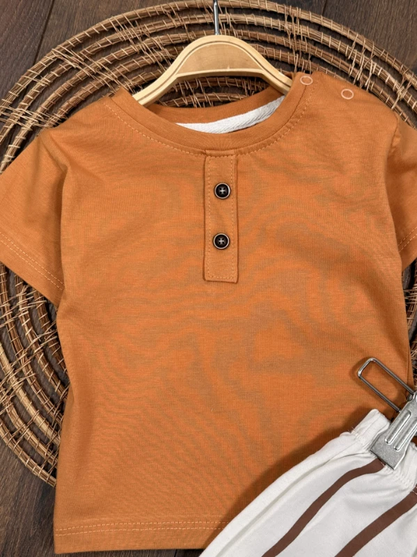 Çizgili Düğme Detaylı Omuzdan Çıtçıtlı Yazlık Erkek Bebek Takım - YEŞİL