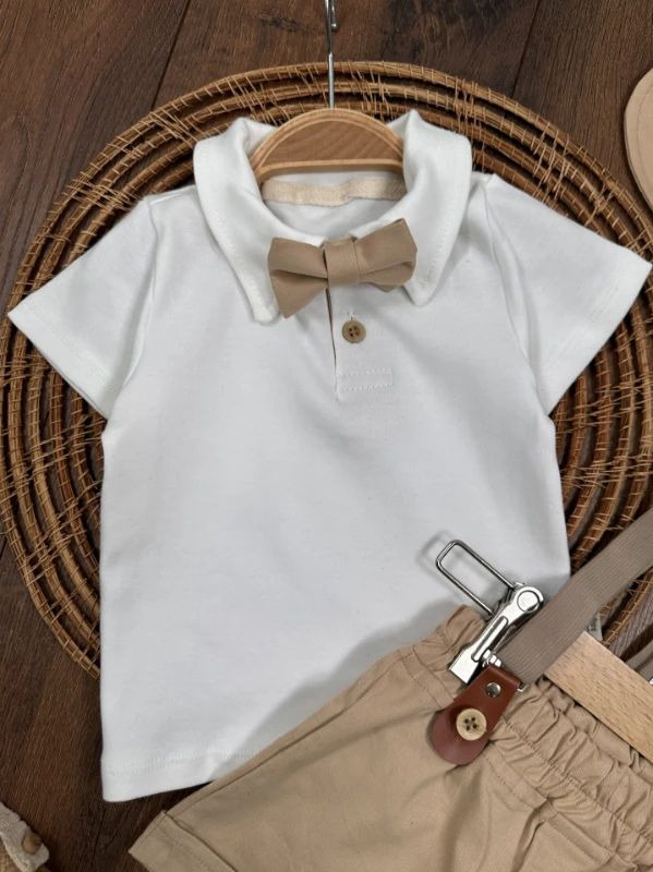 Askı Kemerli Kasket Şapkalı Papyonlu Şortlu Polo Yaka Yazlık Erkek Bebek Takım - HAKİ YEŞİL