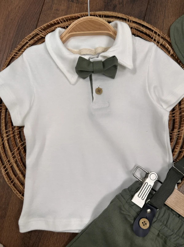 Askı Kemerli Kasket Şapkalı Papyonlu Şortlu Polo Yaka Yazlık Erkek Bebek Takım - HAKİ YEŞİL