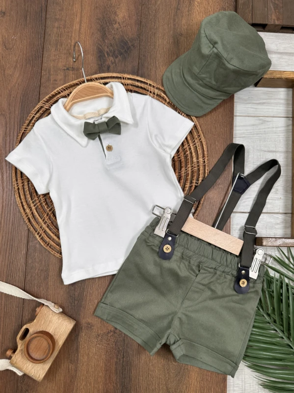 Askı Kemerli Kasket Şapkalı Papyonlu Şortlu Polo Yaka Yazlık Erkek Bebek Takım - HAKİ YEŞİL