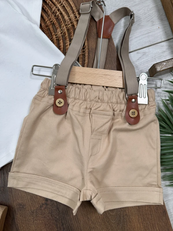 Askı Kemerli Kasket Şapkalı Papyonlu Şortlu Polo Yaka Yazlık Erkek Bebek Takım - HAKİ YEŞİL