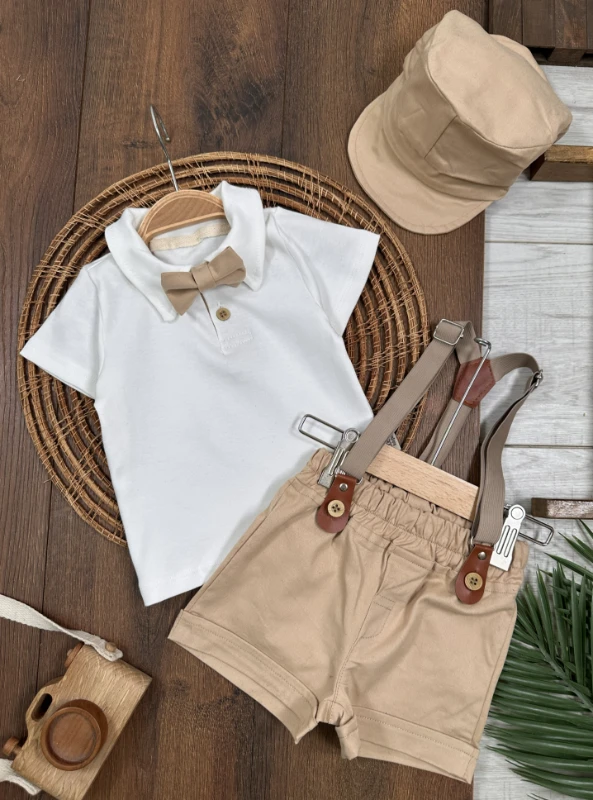 Askı Kemerli Kasket Şapkalı Papyonlu Şortlu Polo Yaka Yazlık Erkek Bebek Takım - HAKİ YEŞİL