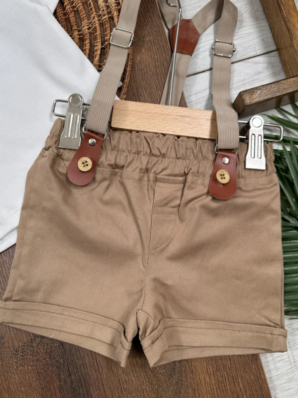 Askı Kemerli Kasket Şapkalı Papyonlu Şortlu Polo Yaka Yazlık Erkek Bebek Takım - HAKİ YEŞİL