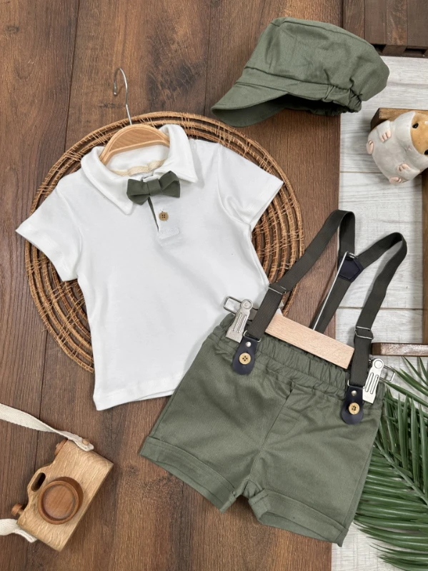 Askı Kemerli Kasket Şapkalı Papyonlu Şortlu Polo Yaka Yazlık Erkek Bebek Takım - HAKİ YEŞİL