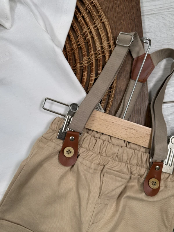 Askı Kemerli Kasket Şapkalı Papyonlu Şortlu Polo Yaka Yazlık Erkek Bebek Takım - HAKİ YEŞİL