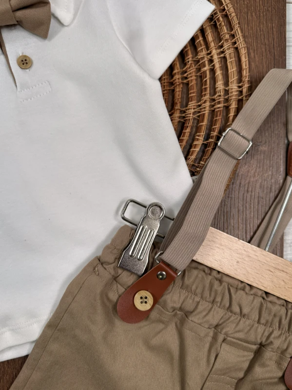 Askı Kemerli Kasket Şapkalı Papyonlu Şortlu Polo Yaka Yazlık Erkek Bebek Takım - HAKİ YEŞİL