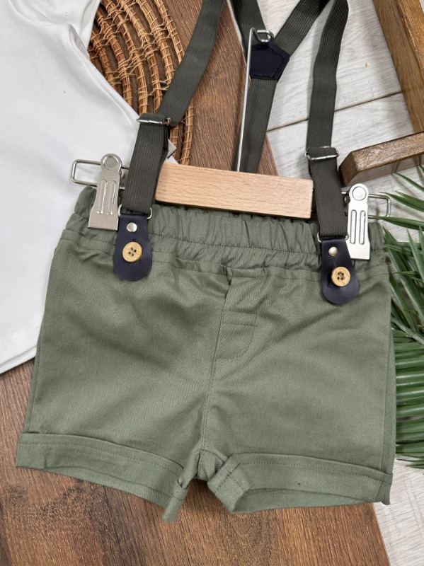 Askı Kemerli Kasket Şapkalı Papyonlu Şortlu Polo Yaka Yazlık Erkek Bebek Takım - HAKİ YEŞİL