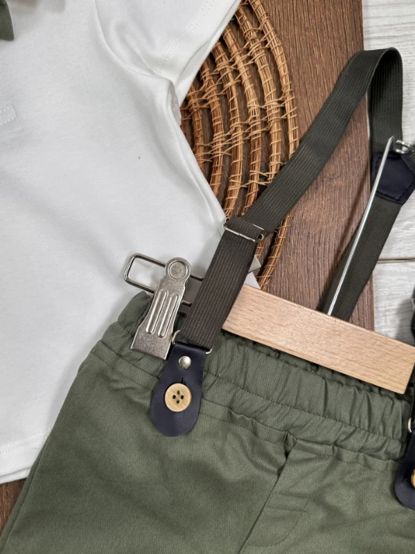 Askı Kemerli Kasket Şapkalı Papyonlu Şortlu Polo Yaka Yazlık Erkek Bebek Takım - HAKİ YEŞİL