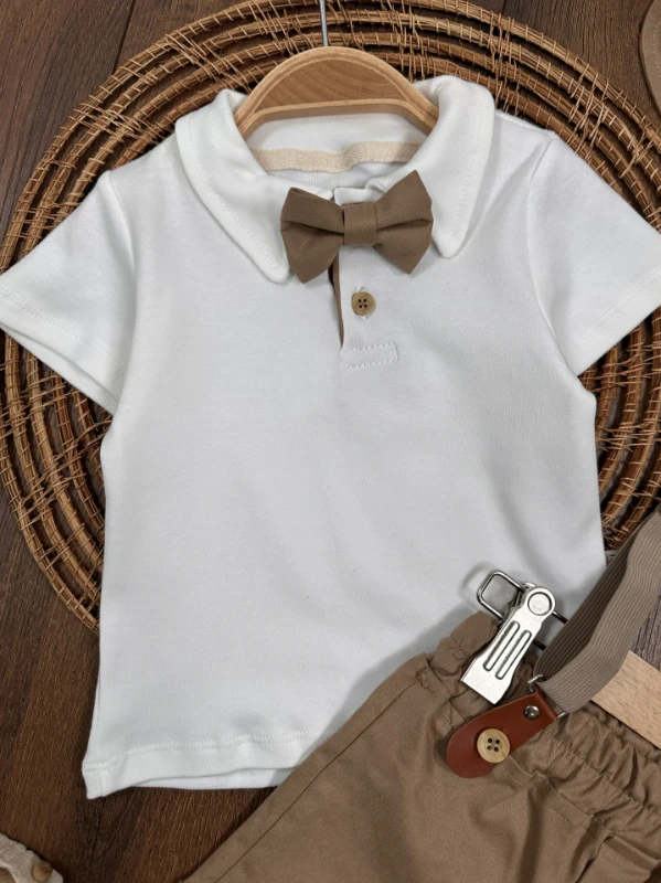 Askı Kemerli Kasket Şapkalı Papyonlu Şortlu Polo Yaka Yazlık Erkek Bebek Takım - HAKİ YEŞİL