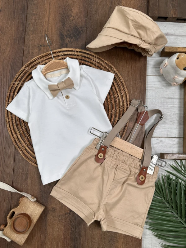 Askı Kemerli Kasket Şapkalı Papyonlu Şortlu Polo Yaka Yazlık Erkek Bebek Takım - BEJ
